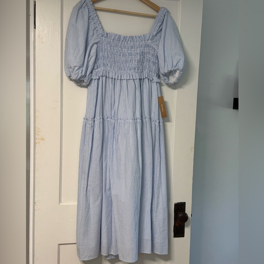Blue Striped Puff Sleeve Dress with double bow back